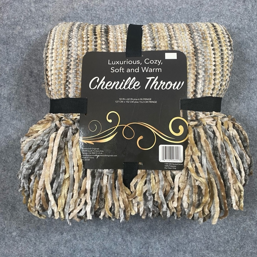 Vtg Brentwood Originals Neutral Stripe Chenille Throw Blanket Gray Beige Camel